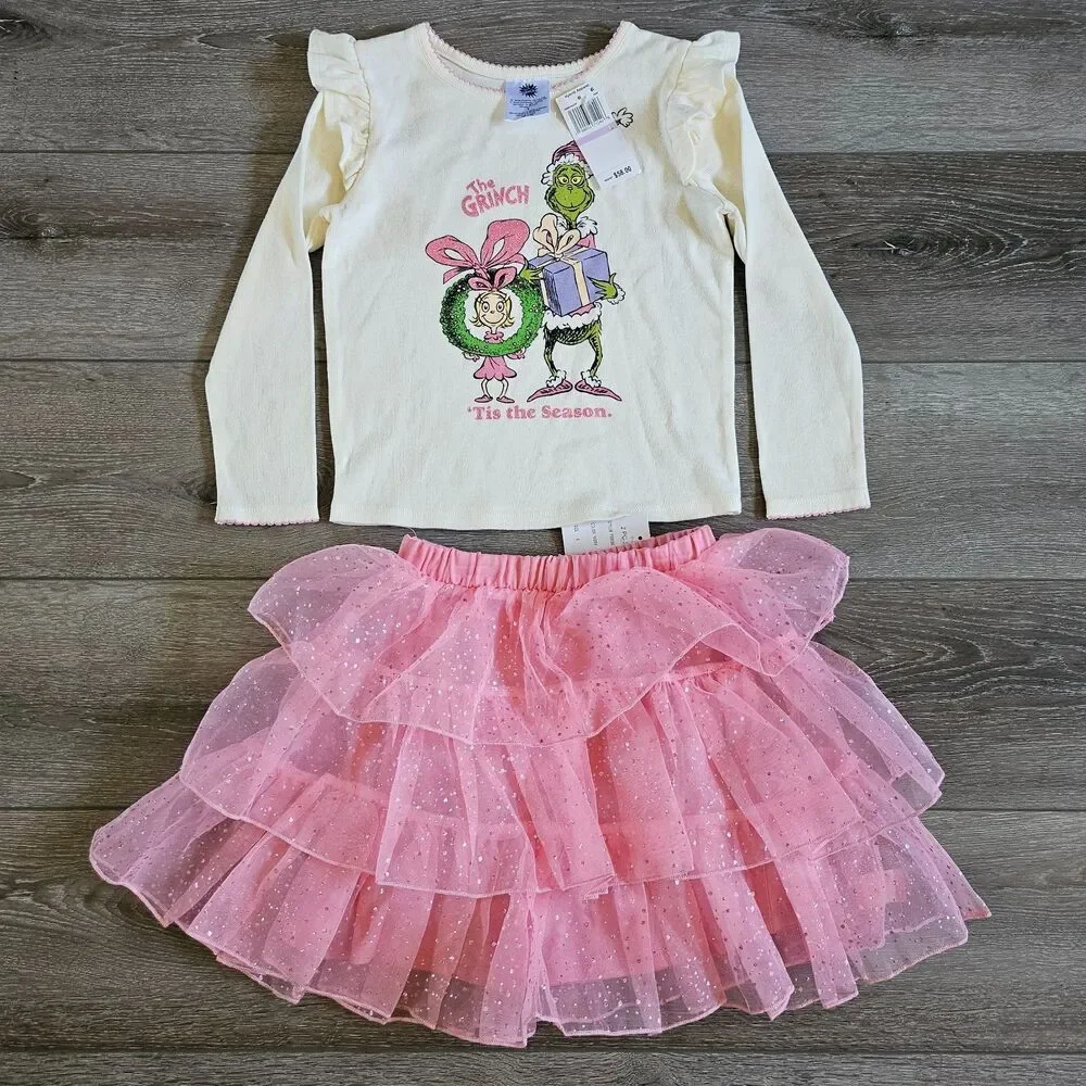Dr Seuss Toddler The Grinch Girls Outfit 6 NWT Top & Tulle ruffled Skirt PINK